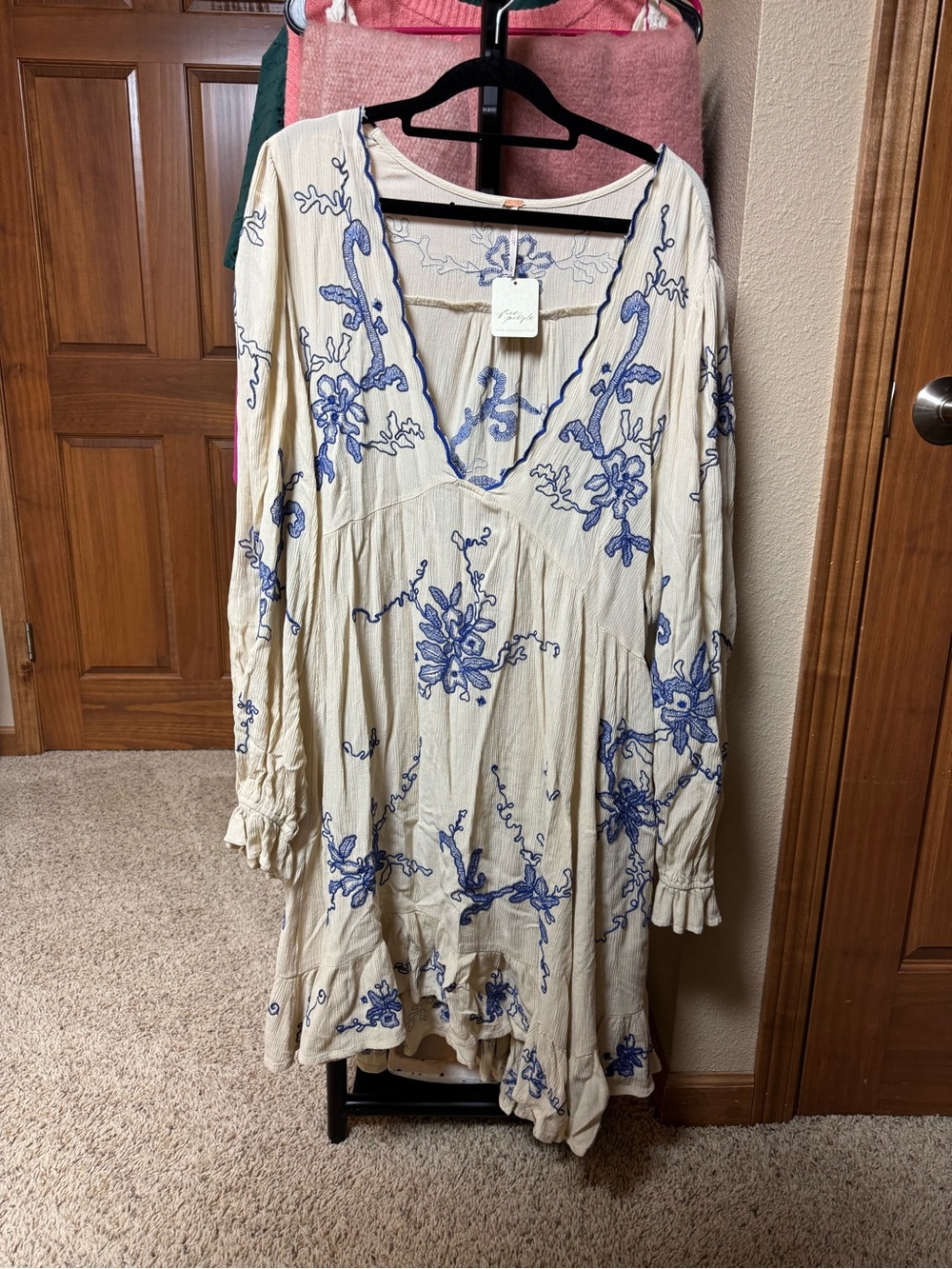 Free People Cream Dress with Blue Floral Embroidery